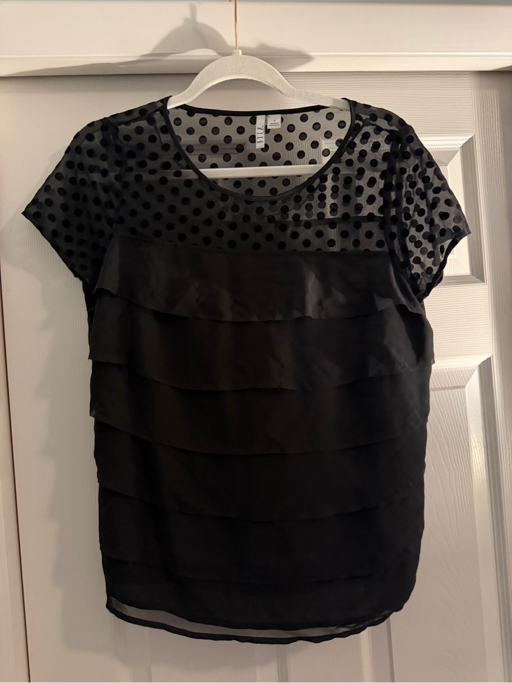 Elle Black Polka Dot Layered Short Sleeve Blouse